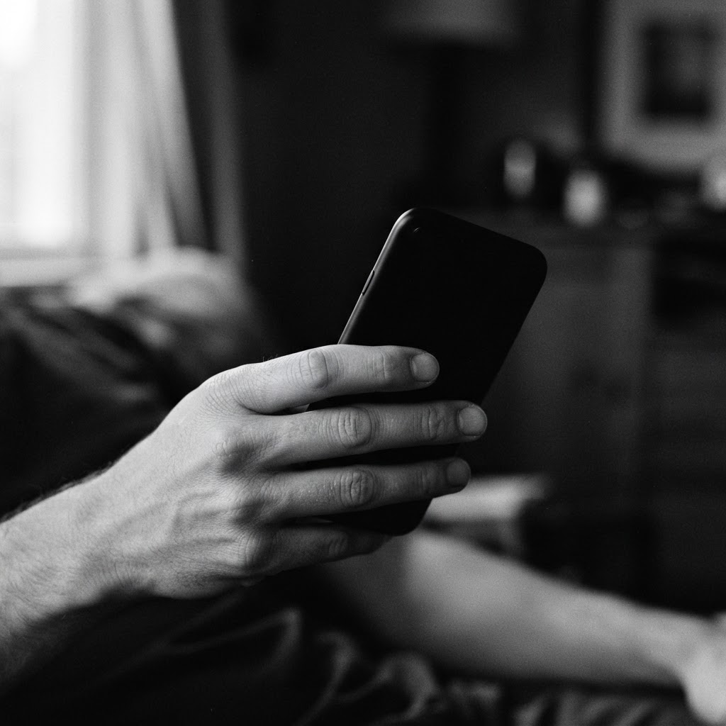 A hand holding a phone in soft directional light