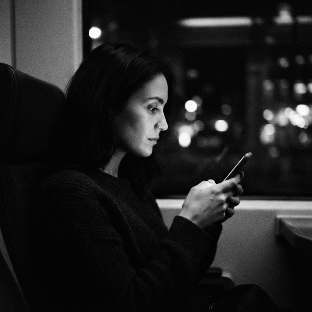 A person in low light holding a phone, its screen lighting their face